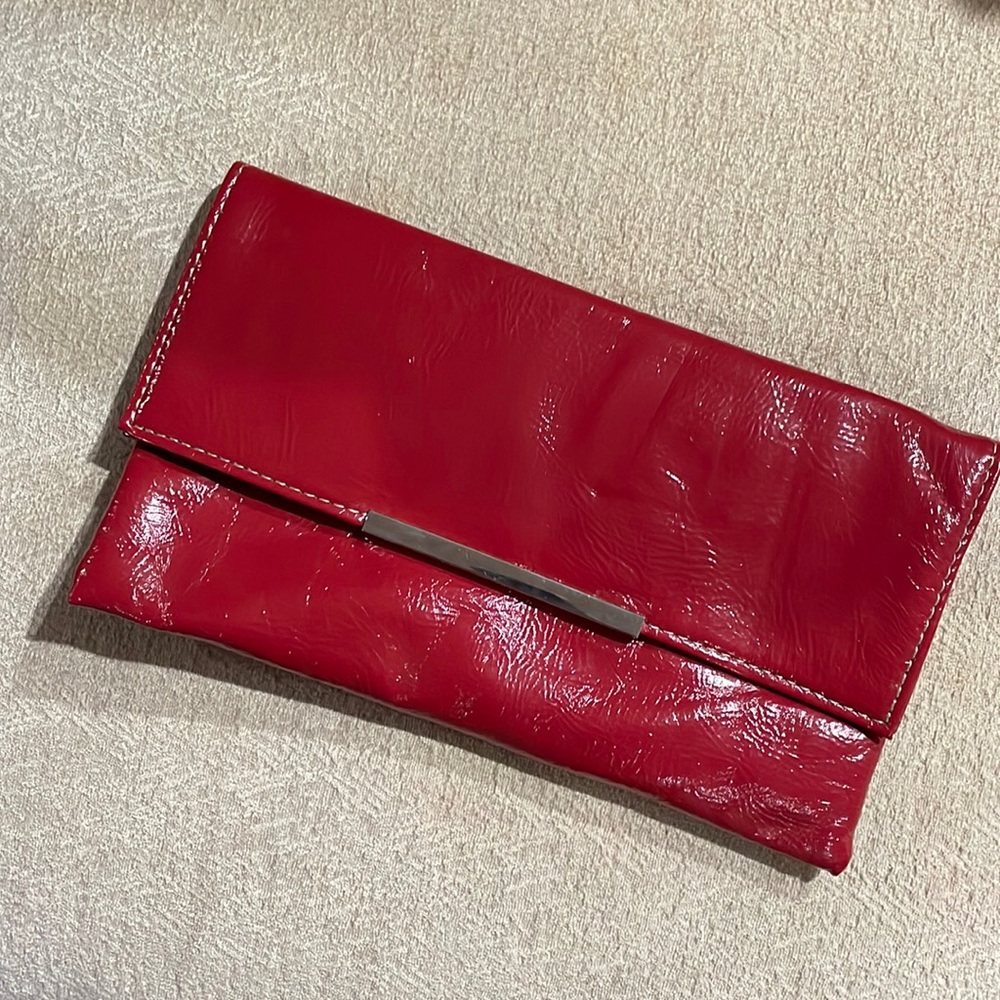 Textured retro faux cherry red paten leather clutch bag magnetic closure